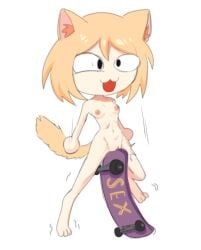 asuka2400 cat_ears cat_tail credit_card cunt_punt cuntbusting fully_nude funny low_blow neco-arc neko petite petite_body pussy_torture skateboard small_breasts