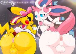 2023 absurd_res anthro anthrofied anus artist_name ass backsack balls bedroom_eyes bent_over big_butt black_sclera blue_inner_ear blue_sclera blush blush_lines bodily_fluids bottomwear bow_(anatomy) bow_accessory butt_focus clothed clothing cosplay_pikachu cosplay_pikachu_(costume) crossdressing crowd digital_media_(artwork) dipstick_ears duo duo_focus eeveelution femboy fur generation_1_pokemon generation_6_pokemon genitals girly gloves_(marking) grin group hand_on_butt hand_on_own_butt hi_res large_group lemonlime long_ears looking_at_viewer looking_back looking_back_at_viewer male male_only markings multicolored_body multicolored_ears multicolored_fur narrowed_eyes nintendo nipples nude open_mouth open_smile perineum pikachu pikachu_pop_star pink_anus pink_nipples pink_tail pink_tongue pokemon pokemon_(species) pokemorph presenting presenting_anus presenting_balls presenting_hindquarters rear_view ribbons ribbons_(anatomy) seductive signature skirt smile spread_butt spreading sweat sweaty_butt sylveon tail take_your_pick teeth text tongue url white_body white_fur yellow_body yellow_fur yellow_tail