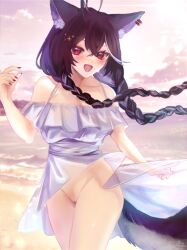 1girl :d ahoge animal_ear_fluff animal_ears bangs bare_shoulders black_hair blue_nails blush bottomless braid breasts brown_hair cowboy_shot dress eyebrows_visible_through_hair female fox_ears fox_tail groin hair_between_eyes hair_ornament jewelry long_hair looking_at_viewer momotexx_(vtuber) nail_polish no_panties off_shoulder open_mouth pink_nails red_eyes red_nails see-through smile solo tail twin_braids virtual_youtuber vtuber vyugen white_dress wolf_ears wolf_girl wolf_tail