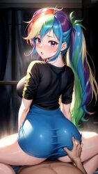 1boy 1girls ai_generated ass clothed_sex cowgirl_position equestria_girls female friendship_is_magic hasbro human male male_pov my_little_pony rainbow_dash_(eg) rainbow_dash_(mlp) sex stable_diffusion