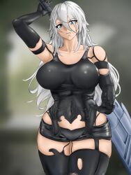 1girls android android_girl blue_eyes crossover fanart female female_only goddess_of_victory:_nikke gray_hair grey_hair light-skinned_female light_skin looking_at_viewer luxap midriff mole mole_under_mouth navel nier nier:_automata nier_(series) robot robot_girl robot_humanoid solo solo_female thick_thighs thighs video_game_character video_games voluptuous yorha_a2