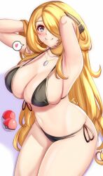 1girls anisdrawn arms_behind_head artist_name bikini black_bikini blonde_hair breasts cleavage closed_mouth curvy_female curvy_figure cynthia_(pokemon) female grey_eyes hair_lift hair_ornament hair_over_one_eye heart hips jewelry large_breasts long_hair looking_at_viewer micro_bikini navel necklace poke_ball pokemon pokemon_dppt side-tie_bikini_bottom simple_background smile solo spoken_heart swimsuit thick_thighs thighs tight_clothes wide_hips