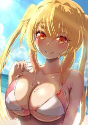 1girls beach big_breasts bikini blonde_hair blush female miss_kobayashi's_dragon_maid orange_eyes ozrereresan smile solo tagme tohru_(dragon_maid) twintails