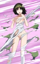 black_hair erika_(pokemon) exploding_clothes flower_in_hair headband looking_at_viewer medium_breasts motion_lines navel nipples pink_background pokemon pokemon_masters pussy pussy_peek scared short_hair sweat sygna_suit_erika torn_bra torn_clothes torn_dress torn_panties torn_pantyhose tsukishiro_saika