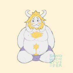 1:1 1:1_aspect_ratio 1boy 2020s 2023 alternate_version_available anthro anthro_only artist_name asgore_dreemurr beard blonde_hair boss_monster bulge bulge_under_clothes caprine crown floppy_ears furry furry_male furry_only goat goat_ears goat_horns hands_behind_back hi_res high_res high_resolution highres horns kneel looking_away male male_anthro male_only monster monster_boy penis_bulge sandwichstuffer simple_background solid_color_background solo_anthro solo_male undertale undertale_(series) underwear underwear_only yellow_background