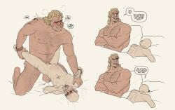 2boys bald bald_man bara blonde_hair body_hair brock_samson buff cigarette cum cum_in_pussy cum_inside cuntboy dialogue francishsie intersex male male_only pussy rusty_venture tan_body tan_skin tattoo uncensored venture_brothers yaoi