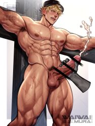 2boys abs artist_name bar_censor bara baseball_cap blonde_hair censored commission completely_nude cum ejaculation erection handjob hat hataraku_saibou highres killer_t_(hataraku_saibou) killer_t_cell large_pectorals male_focus male_pubic_hair multiple_boys muscular muscular_male navel nipples nude one_eye_closed open_mouth pectorals penis pubic_hair short_hair solo_focus testicles thick_thighs thighs waiwai_mura yaoi