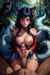 1boy 1girls 9_tails ahri ai_generated cum female fox_ears handjob large_penis league_of_legends light-skinned_male light_skin male multi_tail nine_tailed_fox penis precum tagme vastaya vertiloart