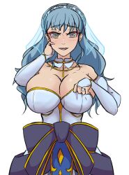 1girls adjusting_clothes alternate_costume alternate_hairstyle alternate_version_available bangs bare_shoulders blue_hair breasts bridal_veil bride cleavage clothes_lift commission dress female female_only fire_emblem fire_emblem:_three_houses fire_emblem_warriors:_three_hopes hand_on_own_face happy huge_breasts in2naps long_hair long_sleeves looking_at_viewer marianne_von_edmund nintendo office_chair open_mouth ring see-through shoulders smile solo veil wedding_dress wedding_ring white_background