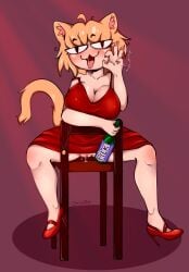 1girls big_breasts blonde_hair blowjob_gesture cat_ears cat_tail chair dress drunk feline fellatio_gesture female female_only looking_at_viewer neco-arc pilk pussy shindortes sitting