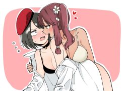 2girls bare_shoulders beret black_hair blush bra breasts brown_hair choker cleavage collarbone female_commander_(girls'_frontline) flower girls'_frontline hair_flower hair_ornament hat heart heart-shaped_pupils junsuina_fujunbutsu large_breasts multiple_girls saiga-12_(girls'_frontline) short_hair side_ponytail sweat symbol-shaped_pupils underwear undressing yellow_eyes yuri