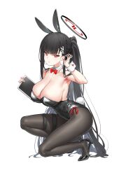 alternate_costume armpit black_and_red_halo blue_archive bowtie bunny_ears bunny_girl bunny_tail bunnysuit detached_collar detached_sleeves heels holding_object huge_breasts millennium_science_school_student notepad pantyhose rio_(blue_archive) seminar_(blue_archive) seminar_president squatting thigh_strap white_background