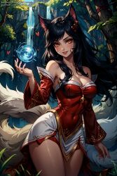 1girls ahri ai_generated animal_ears black_hair cleavage curvy detached_sleeves facial_markings female female_only forest fox_ears fox_girl hand_up kumiho league_of_legends magic multiple_tails navel_outline nine_tailed_fox orange_eyes outdoors patreon_username solo standing tagme tail twitter_username vastaya vertiloart waterfall whisker_markings white_fur