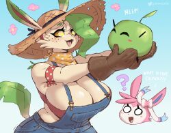 2023 2d 2d_(artwork) 2girls ? anthro anthro_only anthrofied bandana big_breasts blush breasts busty cleavage cute cute_fangs dialogue ear eeveelution english english_text farmer farmgirl female female_focus female_only female_pokemon freckles furry furry_only furry_tail gammainks generation_4_pokemon gloves hair_over_one_eye hi_res highres hips huge_breasts junimo large_breasts leafeon leafeon-chan leather_gloves long_ears malon-chan malon_(gammainks) nintendo oerba_yun_fang overalls pokeharlot pokemon pokemon_(species) smile smiling sparkles sparkling_eyes stardew_valley straw_hat sylveon tail tongue voluptuous wide_hips yellow_sclera