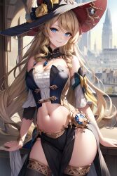 ai_generated bare_shoulders beautiful_background big_breasts black_dress blonde_female blonde_hair blue_eyes clothing dress genshin_impact hi_res high_resolution highres jewelry long_hair navia_(genshin_impact) pretty_lady thick_thighs