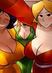 3girls alex_(totally_spies) arkeus arkeus_165 armpits black_eyes blonde_hair blue_eyes blush blush_lines blushed blushing_at_viewer blushing_profusely breasts closed_eyes clothing clover_(totally_spies) eyes_covered eyes_open female human looking_at_viewer marathon_(copyright) multiple_girls pale_skin sam_(totally_spies) sweat sweatdrop sweating sweaty sweaty_body tongue tongue_out totally_spies