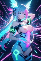 1girls ai_generated akagi5503 blue_eyes blue_hair bodysuit breasts breasts_out female female_only fluorescent_light gloves hand_behind_head long_hair looking_at_viewer neon neon_lights nipples solo solo_female standing thighhighs wide_hips