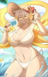 beach big_hat bikini bikini_bottom bikini_top blonde_female blonde_hair blonde_hair_female bracelet bracelets glowing_eyes hat lieumare palm_leaf popsicle popsicle_melting sume_(lieumare) tongue tongue_out water white_bikini white_bikini_bottom white_bikini_top yellow_eyes