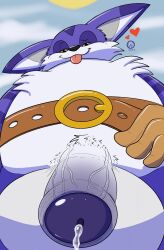 anthro balls belly belt big_the_cat blep bodily_fluids foreskin fur genital_fluids genitals glitchedweasel heart hi_res low-angle_view male overweight penis precum purple_body purple_fur sega solo sonic_(series) sonic_the_hedgehog_(series) tongue tongue_out yellow_eyes