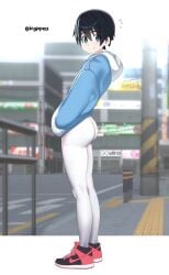 ass bigppea black_hair blue_eyes bubble_butt dat_ass fair_skin femboy full_body fully_clothed hands_in_pockets hoodie leggings male_only red_shoes short_hair smile teasing twink white_leggings white_legwear