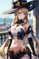 ai_generated bare_shoulders beautiful_background big_breasts black_dress blonde_female blonde_hair blue_eyes clothing dress genshin_impact hi_res high_resolution highres jewelry long_hair navia_(genshin_impact) pretty_lady thick_thighs