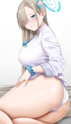 absurdres arind_yudha ass asuna_(blue_archive) blue_archive blue_eyes blue_ribbon blush breasts collared_shirt dress_shirt female grin hair_over_one_eye hair_ribbon halo highres large_breasts light_brown_hair long_hair looking_at_viewer millennium_science_school_student panties ribbon scrunchie shirt sleeves_rolled_up smile solo thighs underwear very_long_hair white_panties white_shirt wrist_scrunchie