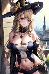 ai_generated bare_shoulders beautiful_background big_breasts black_dress blonde_female blonde_hair blue_eyes clothing dress genshin_impact hi_res high_resolution highres jewelry long_hair navia_(genshin_impact) pretty_lady thick_thighs