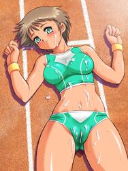 cameltoe cum green_hair on_back on_ground tanned tanuki_gakuen tomboy very_short_hair