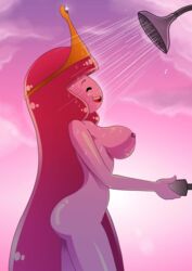 1girls adventure_time ass breasts chacrawarrior closed_eyes crown edit female female_focus female_only happy_eyes humanoid long_hair naked nipples nude open_mouth pink_hair pink_skin princess_bubblegum shower showering side_view sideboob solo water wet wet_body