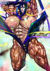 abs blue_hair breasts dark_skin extreme_muscles hands_behind_head huge_breasts muscle muscles muscular sainticon