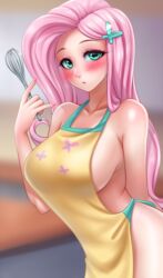 apron apron_only blush breasts female_only fluttershy_(mlp) human humanized large_breasts my_little_pony naked naked_apron not_furry nude pink_hair racoonkun sideboob straight_hair