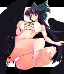 barefoot black_hair breasts feet large_breasts pov_feet red_eyes soles toes touhou utsuho_reiuji wings