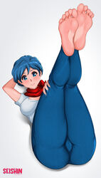 1girls barefoot blue_hair bulma_briefs cameltoe dragon_ball feet female jeans looking_at_viewer scarf seishinashi soles solo toes