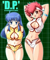 2girls blue_hair breasts cleavage cleavage_cutout crop_top curvaceous dark-skinned_female dark_skin dirty_pair duo female headband human kei_(dirty_pair) large_breasts light-skinned_female light_skin long_hair midriff multiple_girls red_hair short_hair shorts tanuki_gakuen wide_hips yuri_(dirty_pair)