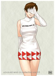 azasuke bare_shoulders brown_eyes brown_hair covering covering_eyes covering_face dress earrings elbow_gloves embarrassed gloves highres hoop_earrings jewelry nagase_reiko pussy_juice race_queen ridge_racer short_hair solo standing thigh_gap thighs