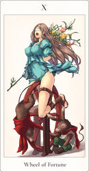 1girls arms_behind_back blindfold bondage brown_hair donkey equine erect_nipples flower fur highres human keypot light-skinned_female light_skin long_hair mammal open_mouth pussy_juice restrained tactics_ogre tarot wheel wheel_of_fortune_(tarot) white_background