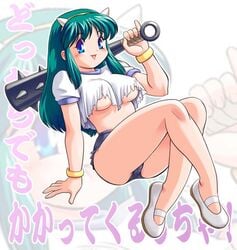 blue_eyes clothes female green_hair hair long_hair looking_at_viewer tanuki_gakuen torn_clothes underboob