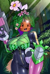 big_breasts blaster_master bodysuit breasts cameltoe chacrawarrior cleavage clothed clothing elemental_creature elemental_humanoid female flora_fauna gun hi_res holding_gun holding_object holding_weapon huge_breasts humanoid kanna_(blaster_master) looking_at_viewer mob_face not_furry open_mouth open_smile plant plant_humanoid plantie ranged_weapon skinsuit smile smirk solo tight_clothing video_games weapon