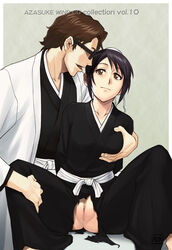 1boy 1girls aizen_sousuke azasuke black_hair bleach breast_grab breasts brown_eyes brown_hair censored female glasses groping hair_bun hakama high_resolution hinamori_momo japanese_clothes male no_panties pussy shaved_pussy short_hair sitting sosuke_aizen spread_legs torn_clothes