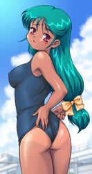 ass dark_skin female green_hair long_hair looking_at_viewer purple_eyes swimsuit tanline tanuki_gakuen wedgie