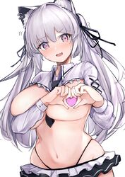 1girls animal_ear_fluff animal_ears aruvina_(gu_luco) black_ribbon black_tie blush cat_ears confused confused_look covered_nipples embarrassed female female_only g-string gu_luco hair_ribbon heart-shaped_boob_challenge heart_hands heart_pasties highleg highleg_panties light-skinned_female light_skin nose_blush oerba_yun_fang pasties pink_eyes pink_heart_pasties pink_pasties ribbons silver_hair solo spiral_eyes tie twintails underboob wide_hips