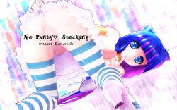 alternate_costume anus blue_eyes blue_hair finger_to_lips finger_to_mouth high_heels highres long_hair looking_back momohigep multicolored_hair nipples no_panties panty_&_stocking_with_garterbelt pun purple_hair pussy shoes smile solo stocking_anarchy straight_hair striped striped_legwear striped_thighhighs thighhighs top-down_bottom-up uncensored wallpaper