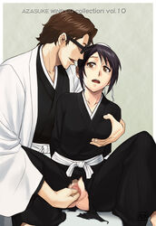 1boy 1girls aizen_sousuke azasuke black_hair bleach breast_grab breasts brown_eyes brown_hair censored female fingering glasses groping hair_bun hakama high_resolution hinamori_momo japanese_clothes male no_panties open_mouth penetration pussy shaved_pussy short_hair sitting sosuke_aizen spread_legs tears torn_clothes vaginal_penetration