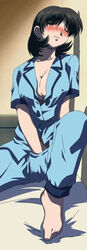 barefoot blush breasts brown_hair cap cleavage erect_nipples female female_only futari_ecchi highres human long_image masturbation pajamas screencap short_hair sitting solo stitched tall_image toe-point unbuttoned