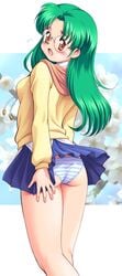 ass blue_striped_panties blush female glasses green_hair long_hair looking_at_viewer panties school_uniform skirt_lift striped striped_panties tanuki_gakuen yellow_eyes