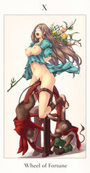 1girls blindfold bondage breasts donkey equine flower fur highres human keypot light-skinned_female light_skin mammal navel nipples original sandals tactics_ogre tarot wheel_of_fortune_(tarot) white_background