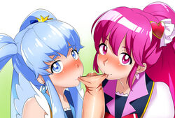 1boy 2girls aino_megumi blue_eyes blue_hair blush clothed_female_nude_male clothing collaborative_fellatio crown fellatio foreskin foreskin_play hair happinesscharge_precure! long_hair looking_at_viewer midriff mini_crown multiple_fellatio nao_akizakura oral pink_eyes pink_hair pov pov_crotch precure pretty_cure shirayuki_hime smile teamwork threesome tied_hair twintails