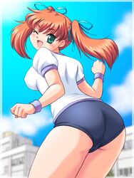 bloomers buruma female green_eyes long_hair looking_at_viewer orange_hair tanuki_gakuen tied_hair twintails wink