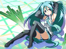 aqua_eyes aqua_hair armpits arms_up ass caryo clothing condom condom_in_mouth female hatsune_miku high_resolution leek long_hair mouth_hold panties shimapan striped striped_panties tabigarasu thighhighs tied_hair twintails underwear very_long_hair vocaloid wallpaper