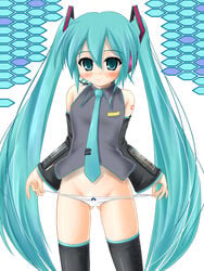 hatsune_miku katsuragi_niya long_hair panties panty_pull solo standing thighhighs tied_hair twintails underwear very_long_hair vocaloid